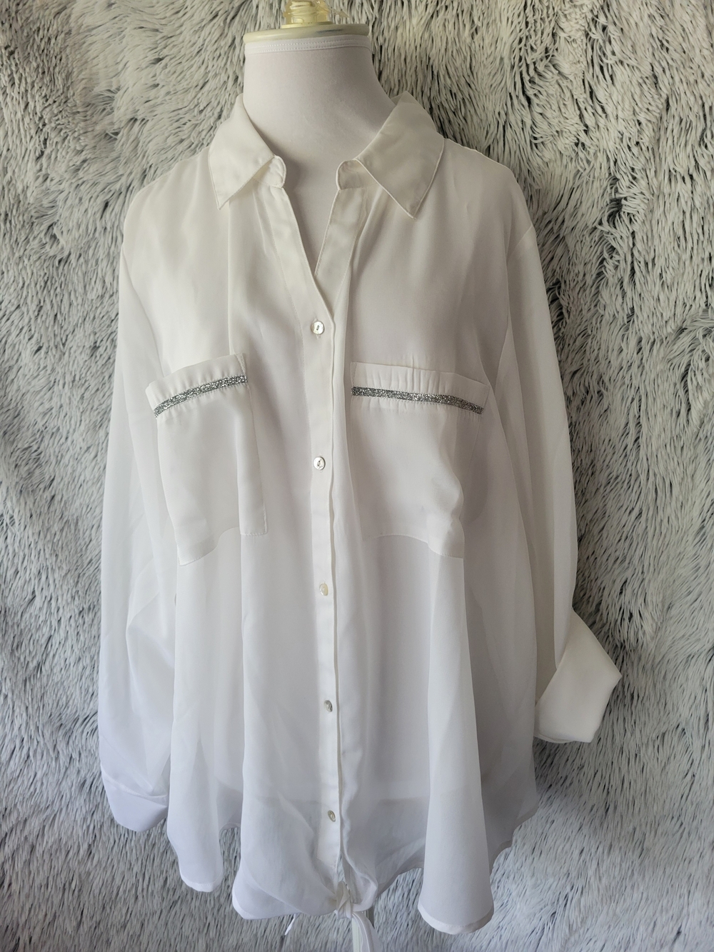 Sheer White Button-Up Blouse with Pocket Trim